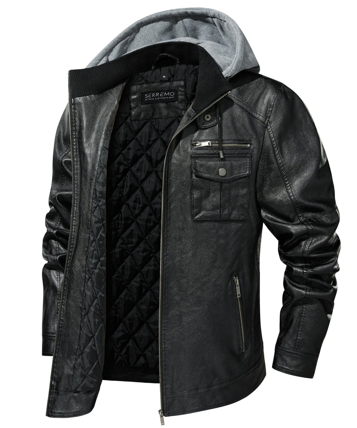 Removable Hood Quilted Lined PU Leather Jacket for Men | Casual Wear