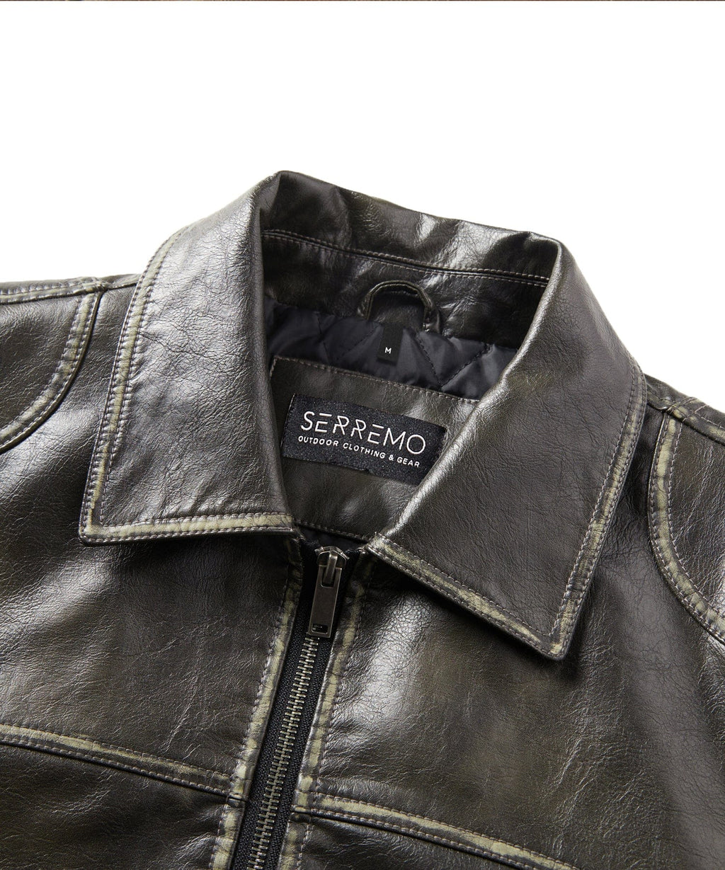 Distressed Finish Zip Pocket PU Leather Jacket for Men | Casual Wear