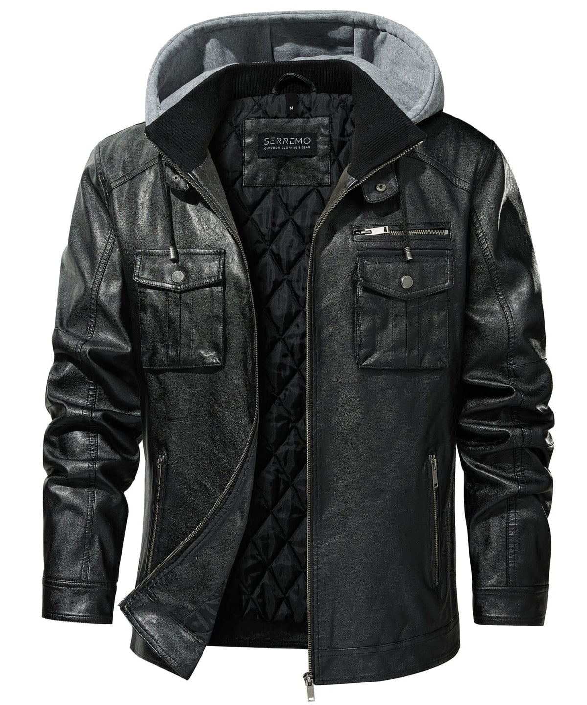 Removable Hood Quilted Lined PU Leather Jacket for Men | Casual Wear