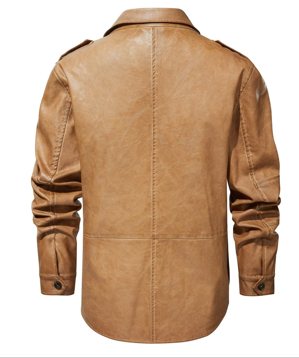 Four Pocket Epaulette Field Style PU Leather Jacket for Men | Everyday Wear