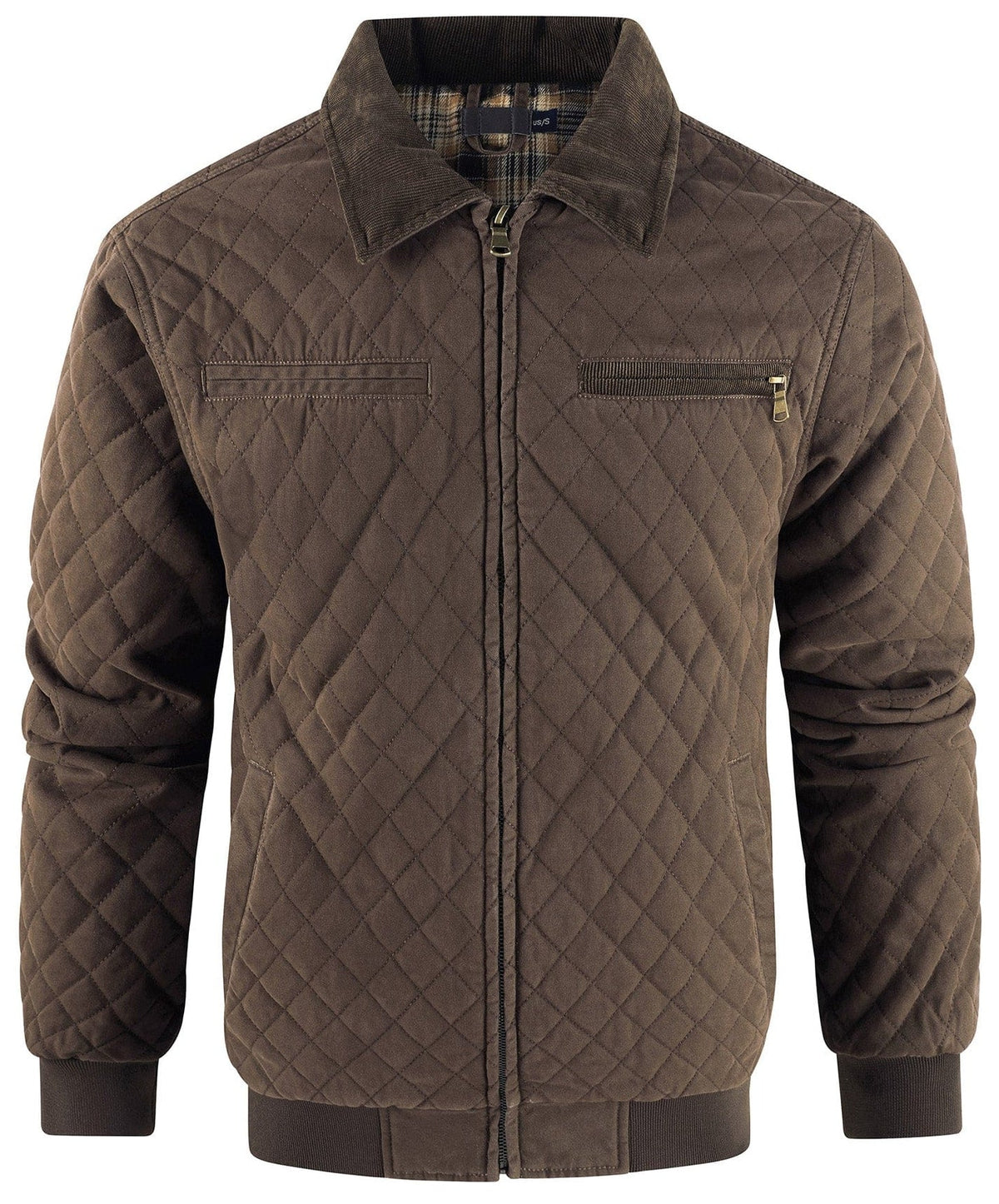 Diamond Quilted Corduroy Collar Zip Bomber Jacket for Men | Layering