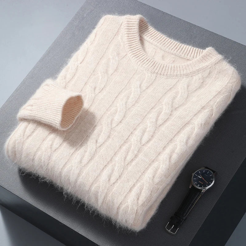 Cable Knit Pure Cashmere Round Neck Sweater for Men | Smart Casual Wear