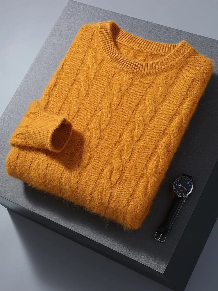 Cable Knit Pure Cashmere Round Neck Sweater for Men | Smart Casual Wear