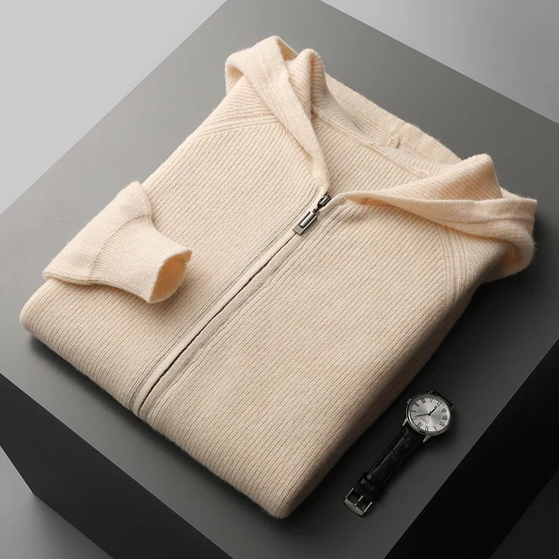 Merino Wool Hooded Knit Cardigan Jacket for Men | Cold Weather Layering