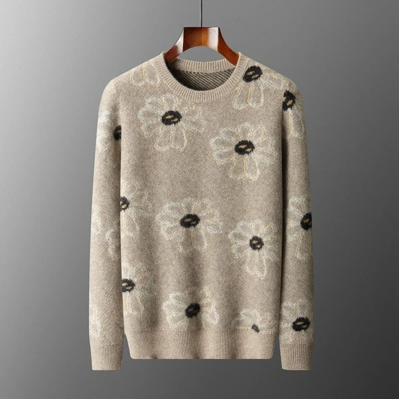 Floral Pattern Cashmere Blend Knit Sweater for Men | Casual Wear