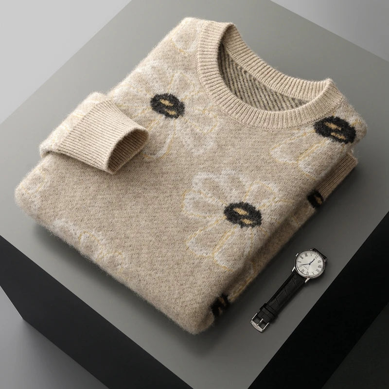 Floral Pattern Cashmere Blend Knit Sweater for Men | Casual Wear