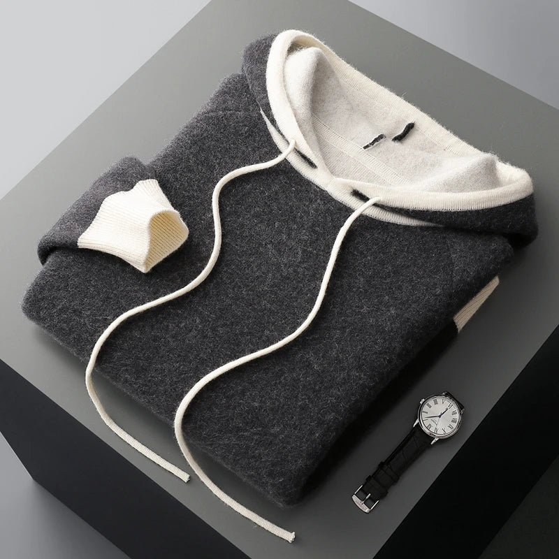 Pure Cashmere Knit Hooded Pullover Sweater for Men | Winter Layering