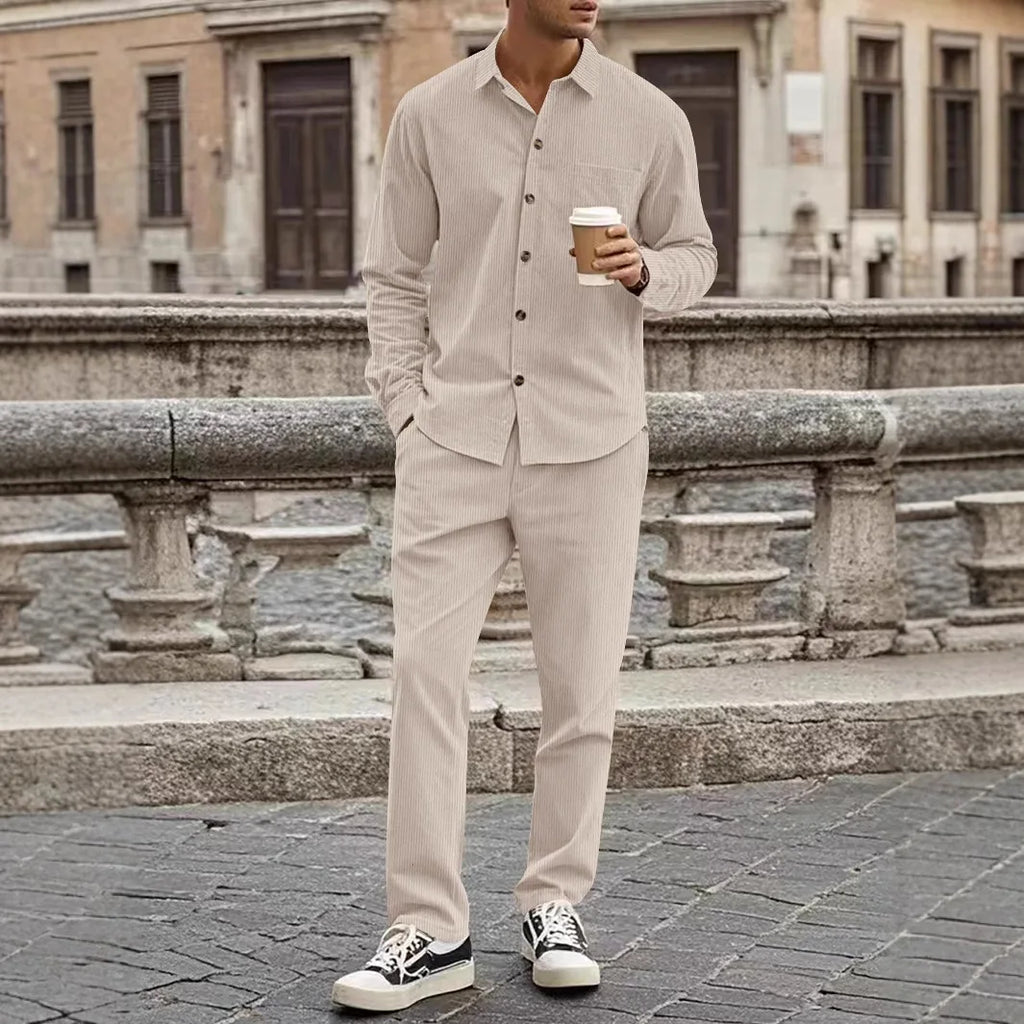 Corduroy Button Shirt and Trouser Set for Men | Spring and Autumn Wear