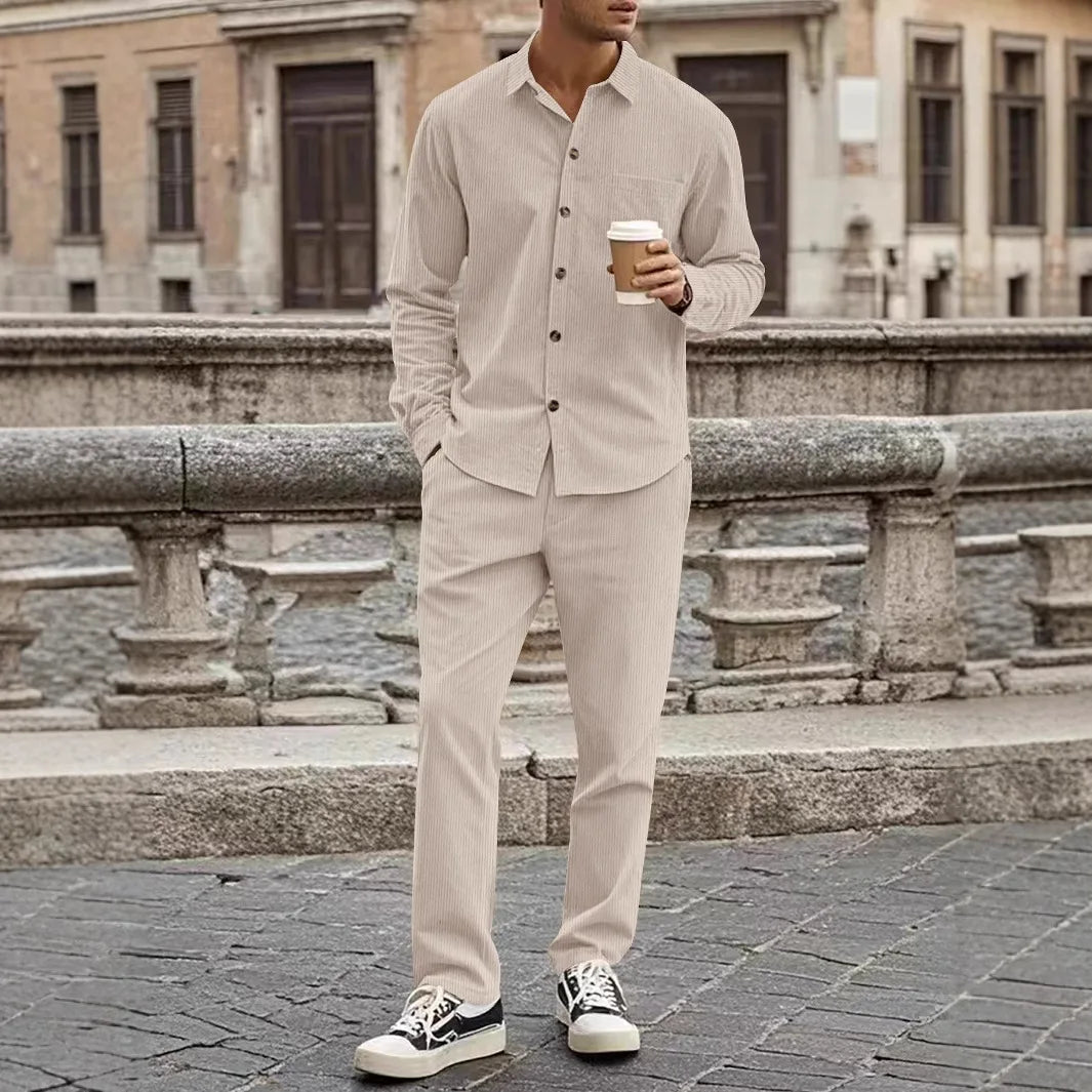 Corduroy Button Shirt and Trouser Set for Men | Spring and Autumn Wear