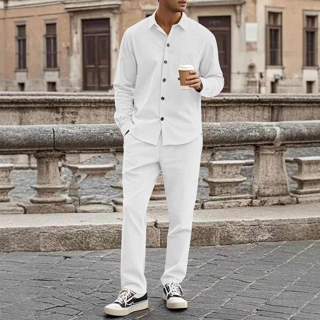 Corduroy Button Shirt and Trouser Set for Men | Spring and Autumn Wear