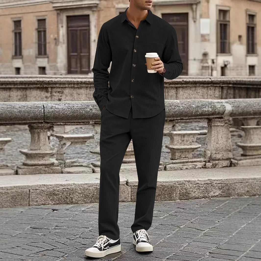 Corduroy Button Shirt and Trouser Set for Men | Spring and Autumn Wear
