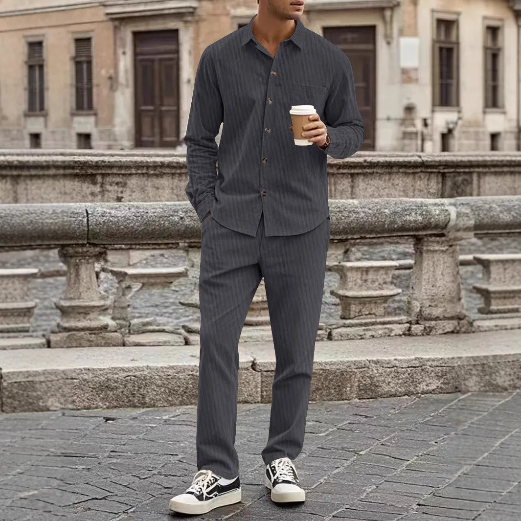 Corduroy Button Shirt and Trouser Set for Men | Spring and Autumn Wear