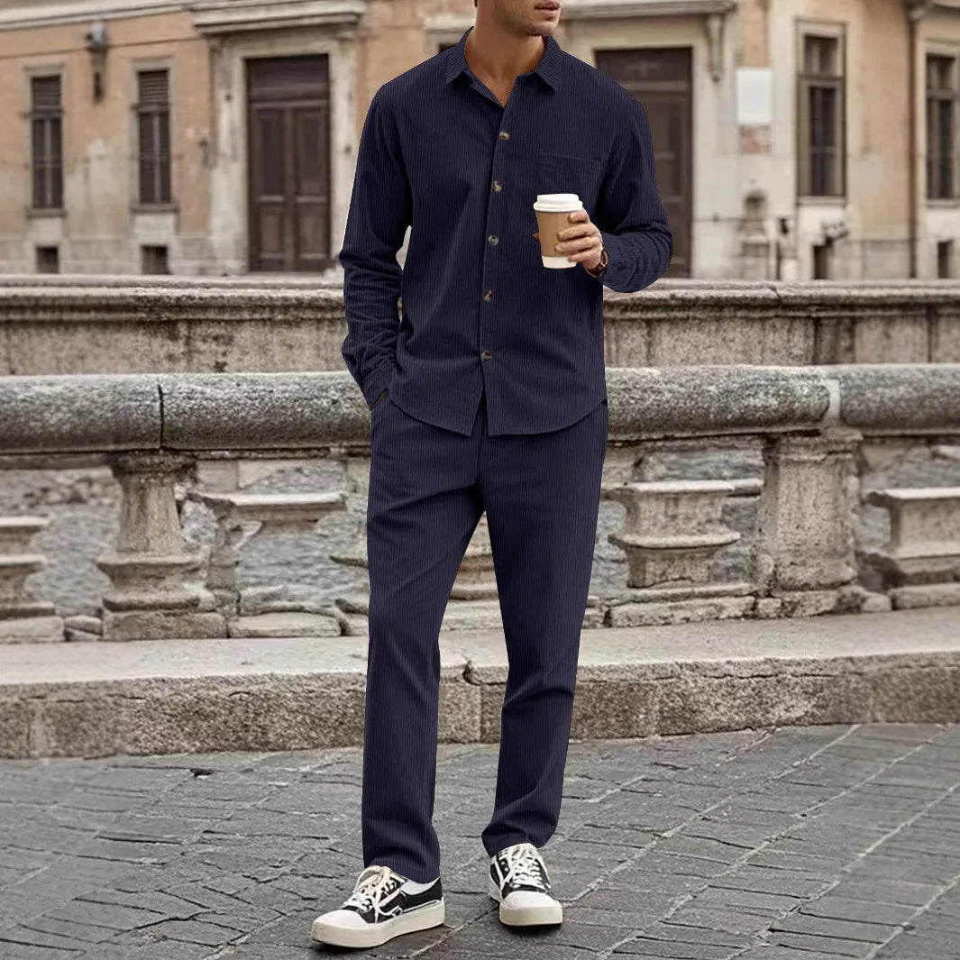 Corduroy Button Shirt and Trouser Set for Men | Spring and Autumn Wear