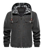 Distressed Canvas Jacket with Plaid Lined Hood for Men | Casual Wear