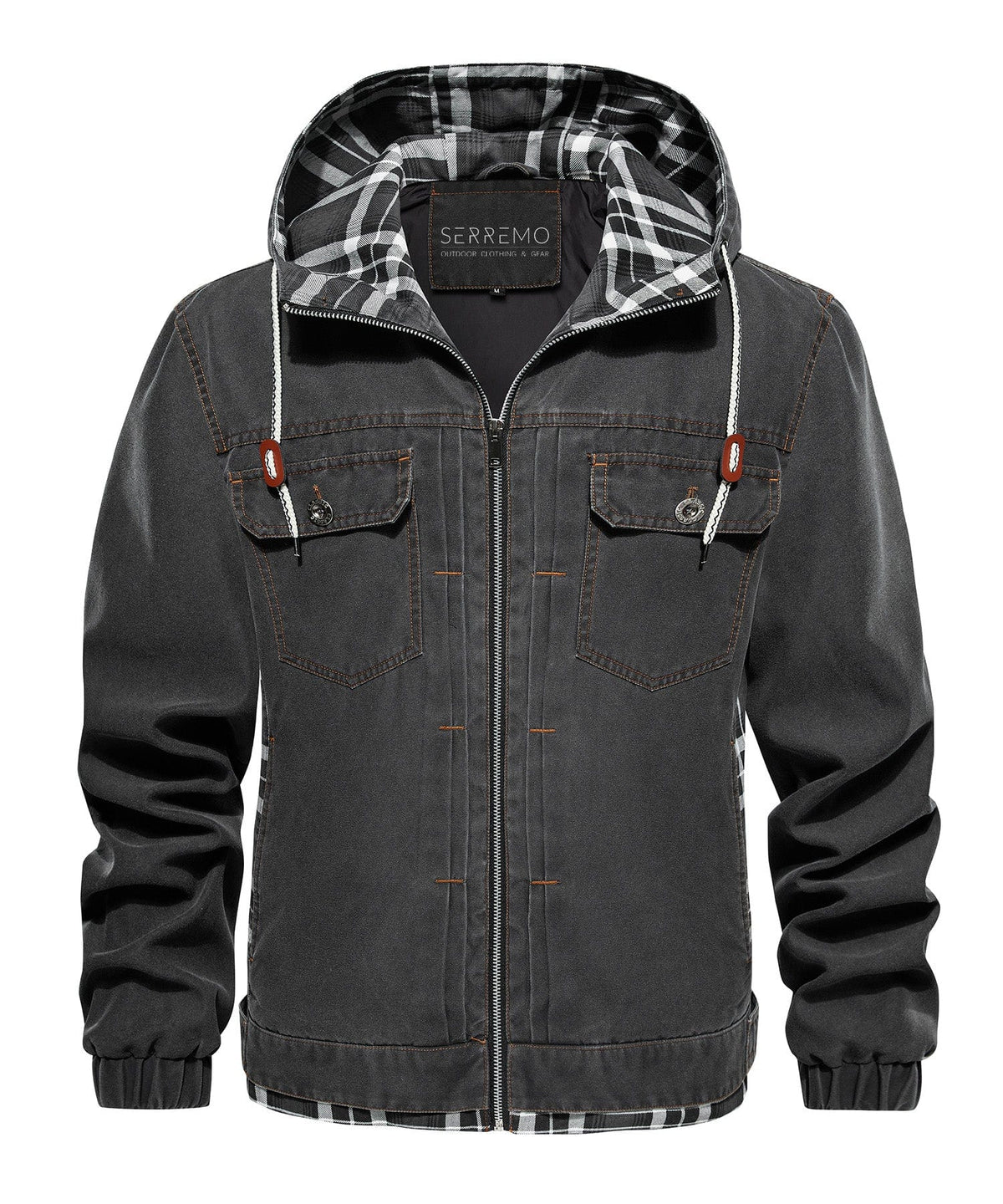 Distressed Canvas Jacket with Plaid Lined Hood for Men | Casual Wear