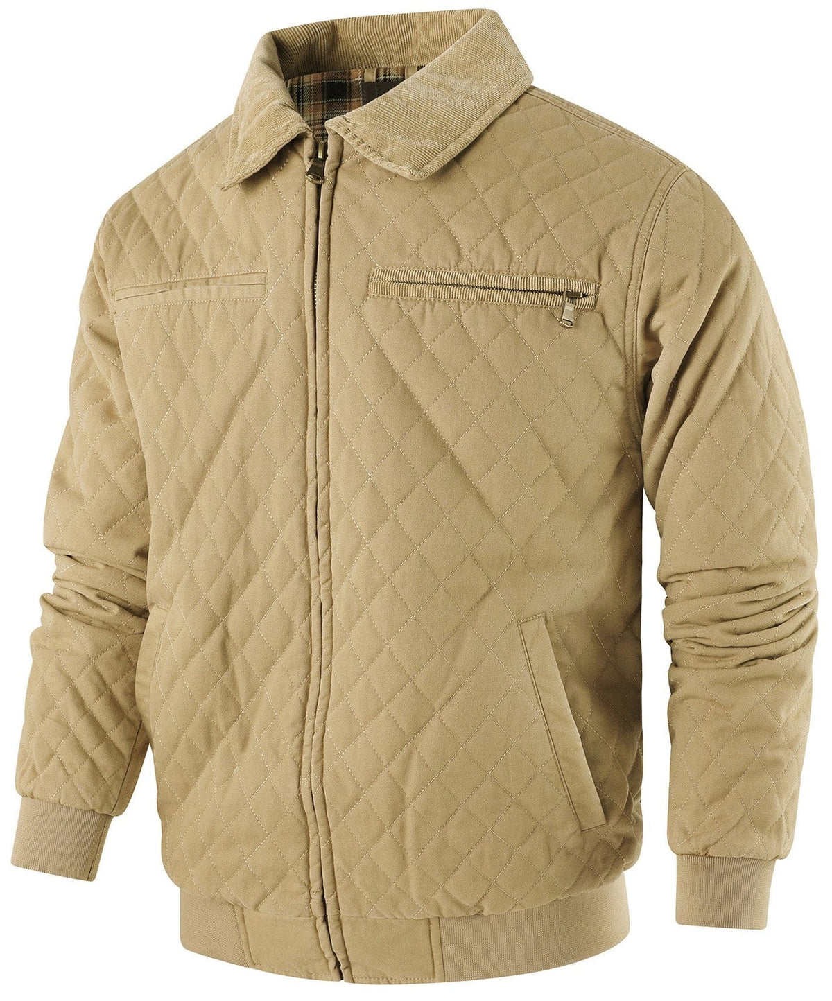 Diamond Quilted Corduroy Collar Zip Bomber Jacket for Men | Layering