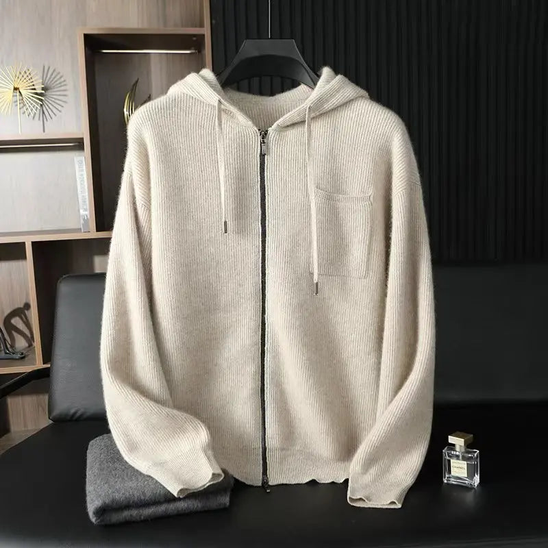 Pure Cashmere Full Zip Hooded Cardigan for Men | Autumn and Winter Layering