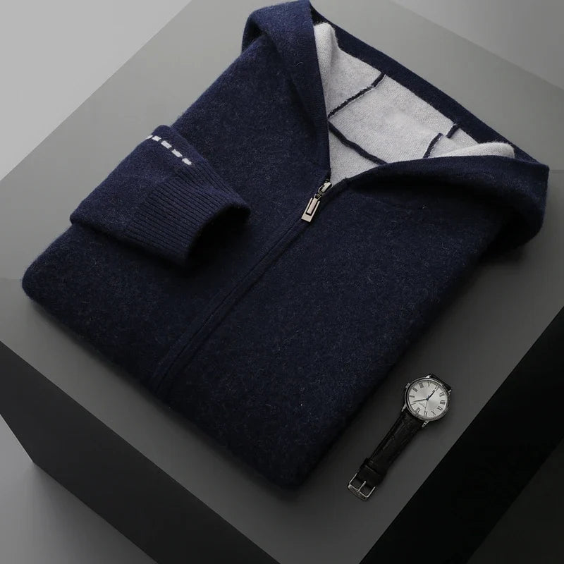 Pure Cashmere Zip Up Hooded Cardigan for Men | Winter Layering