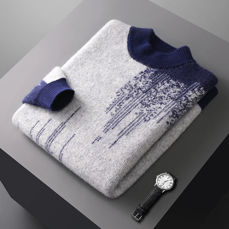 Gradient Jacquard Wool Half High Collar Sweater for Men | Winter Wear