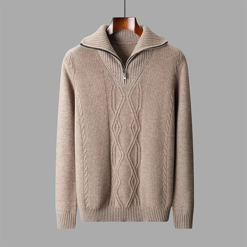 Textured Merino Wool Half Zip Knit Sweater for Men | Autumn and Winter Layering