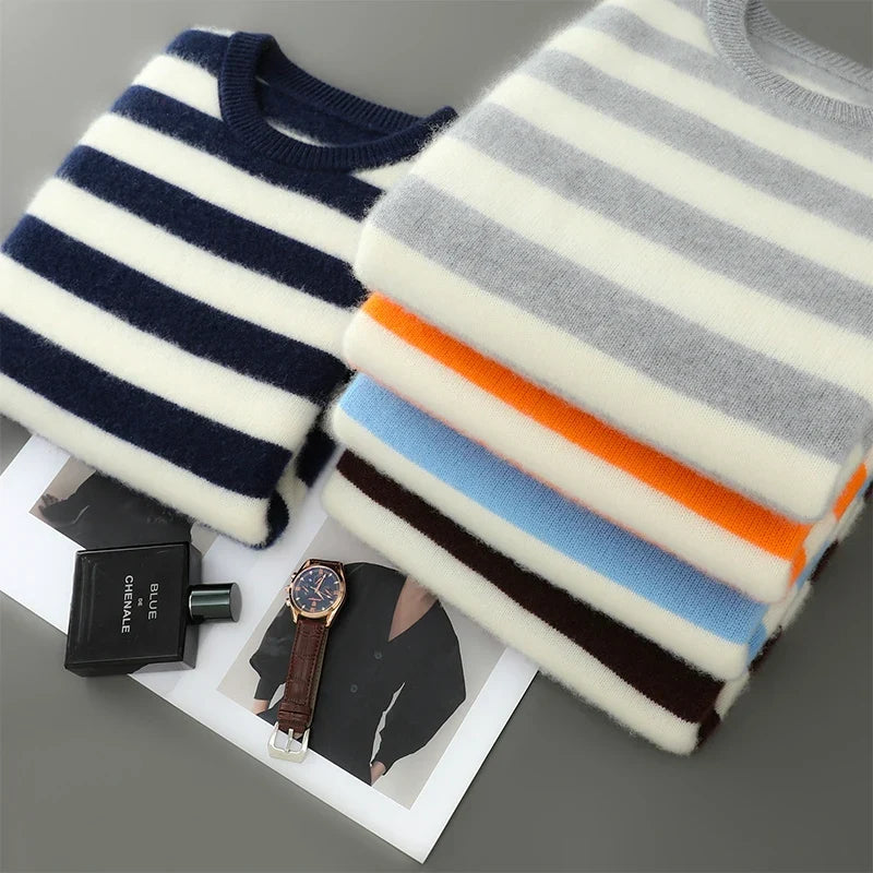 Bold Stripe Merino Wool Crewneck Sweater for Men | Smart Casual Wear