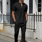 Stand Collar Short Sleeve Shirt and Drawstring Trouser Set for Men | Spring Wear