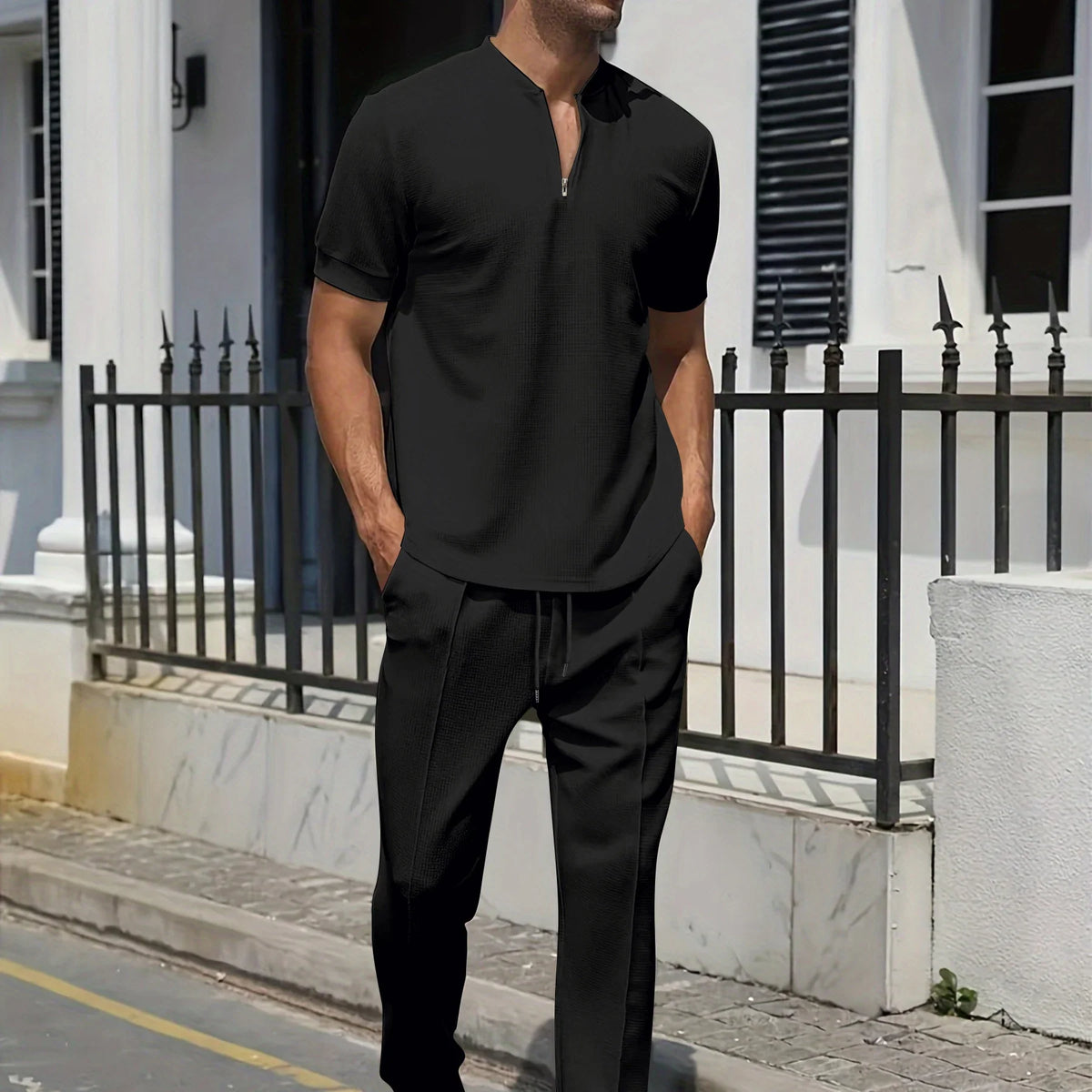 Stand Collar Short Sleeve Shirt and Drawstring Trouser Set for Men | Spring Wear