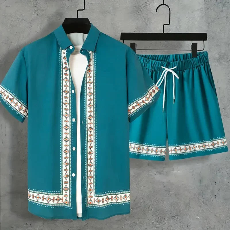 Retro Print Shirt and Shorts Summer Set for Men | Holiday Wear