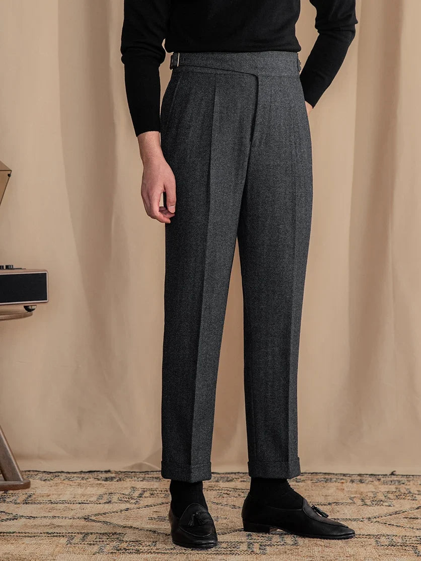 Herringbone Wool Blend Pleated Tailored Trousers for Men | Smart Casual Wear