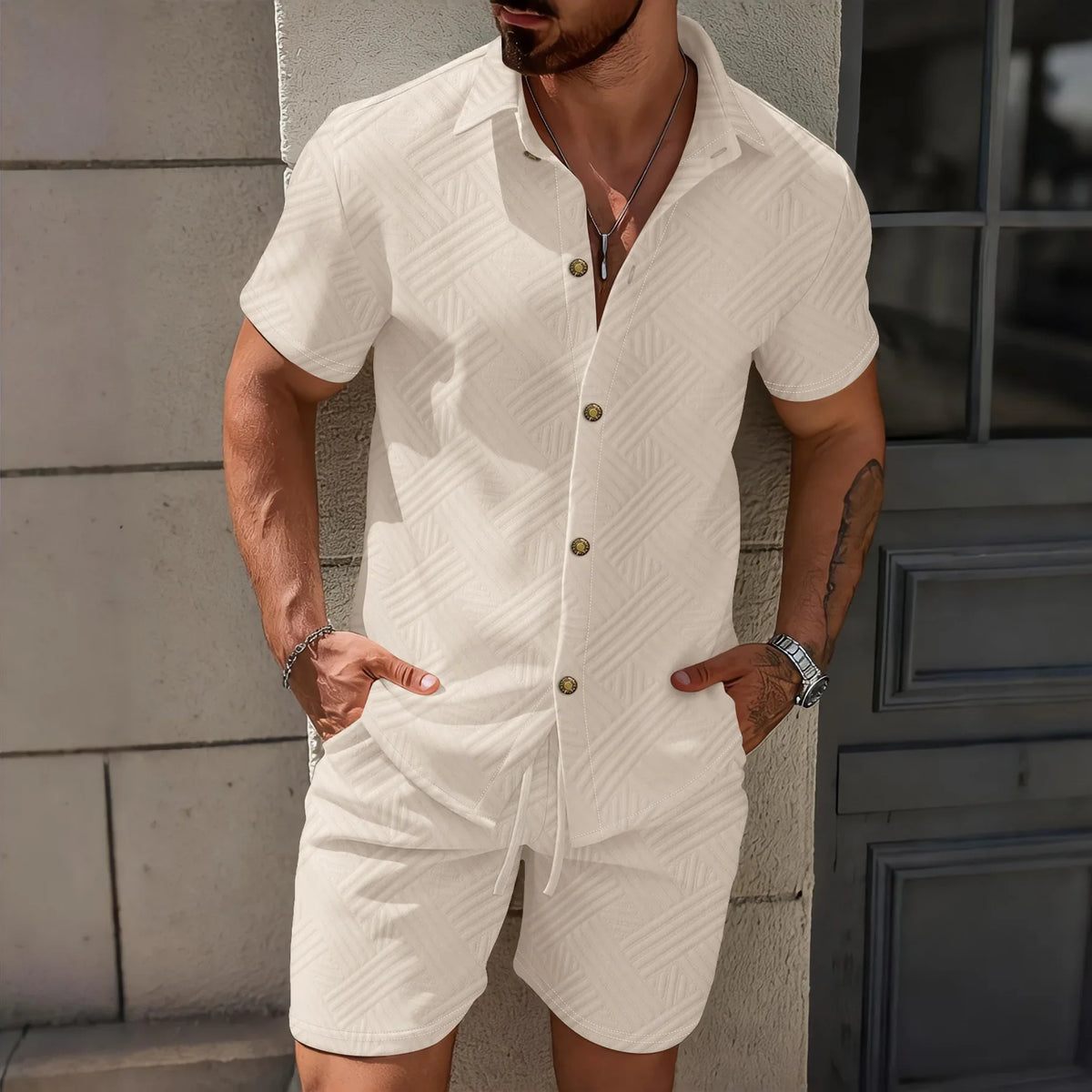 Waffle Knit Short Sleeve Shirt and Shorts Set for Men | Summer Wear