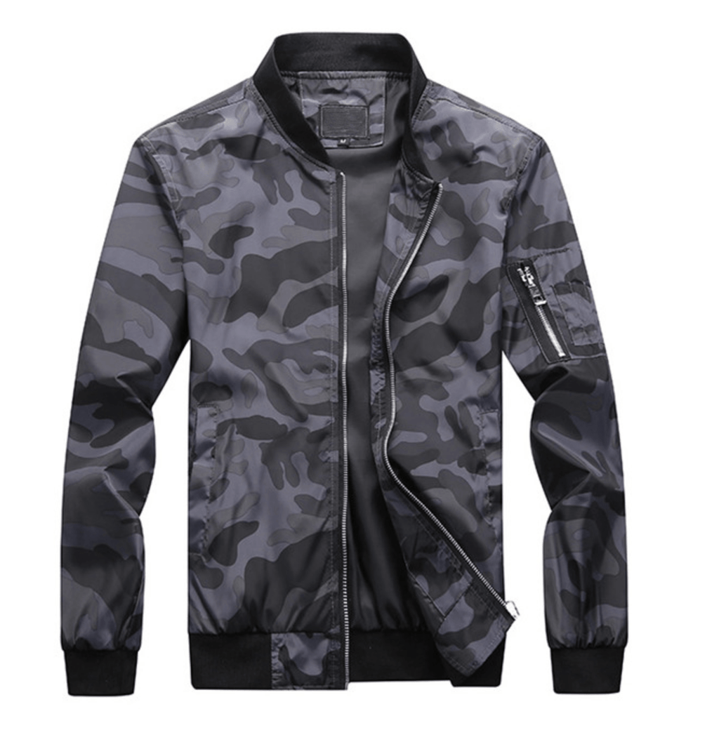 Camo Windbreaker Bomber Jacket with Mandarin Collar for Men | Outdoor Wear