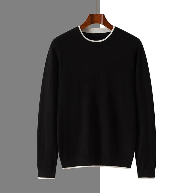 Lightweight Wool Contrast Detail Round Neck Sweater for Men | Spring Layering