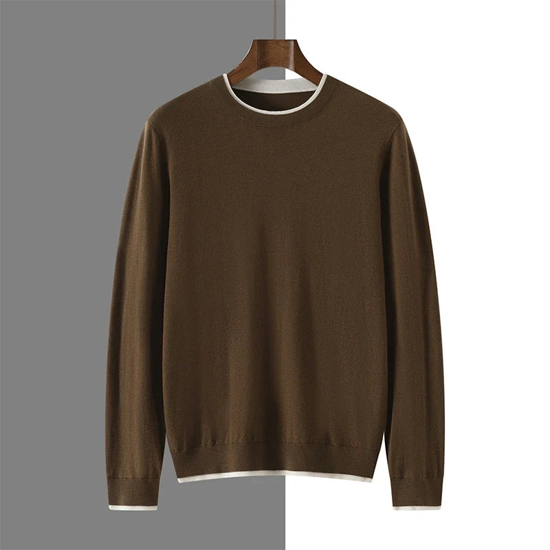 Lightweight Wool Contrast Detail Round Neck Sweater for Men | Spring Layering