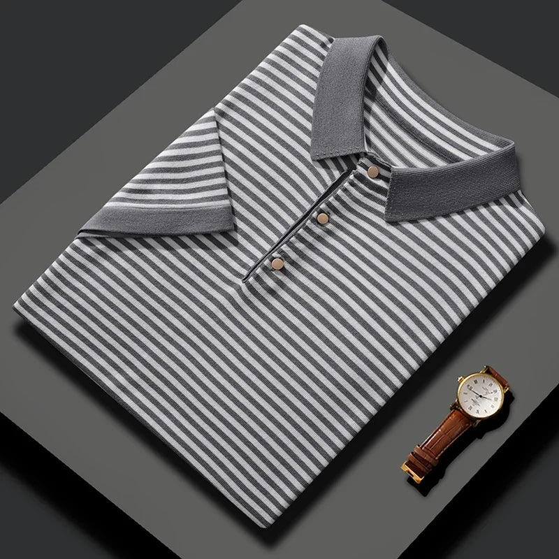 Silk Blend Striped Short Sleeve Polo Shirt for Men | Summer Wear