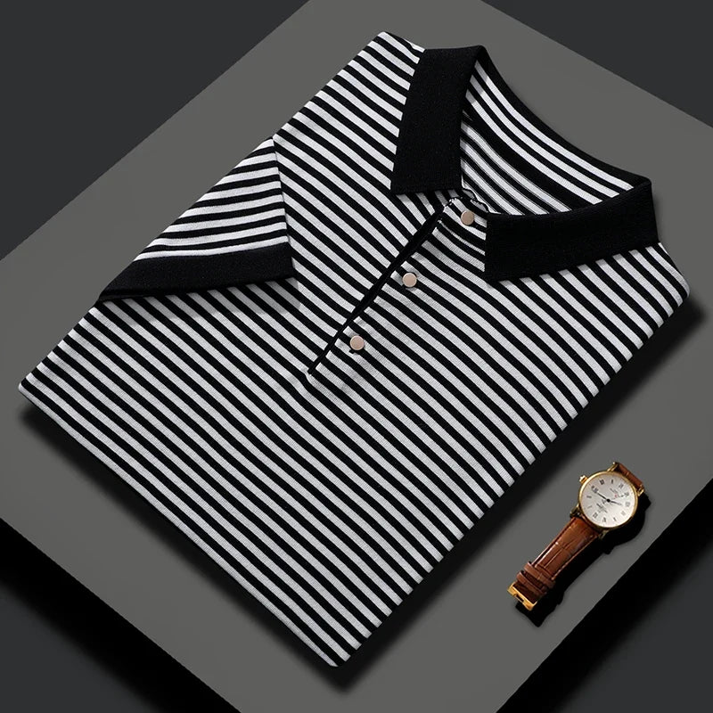 Silk Blend Striped Short Sleeve Polo Shirt for Men | Summer Wear