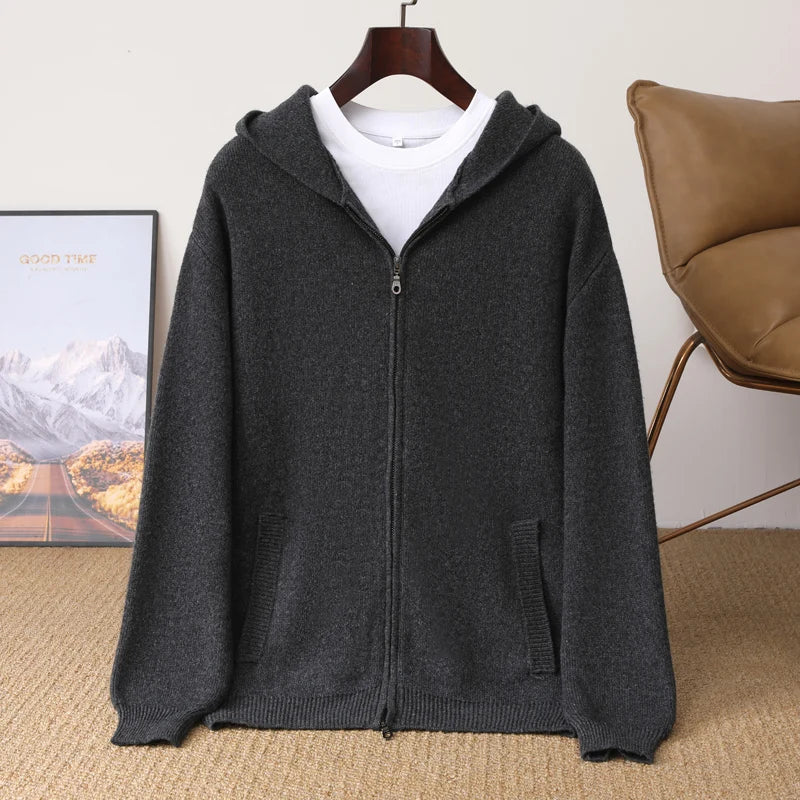 Merino Wool Hooded Zip Cardigan for Men | Autumn and Winter Wear