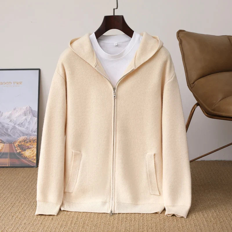 Merino Wool Hooded Zip Cardigan for Men | Autumn and Winter Wear