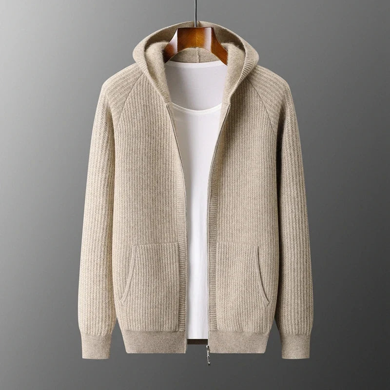 Merino Wool Ribbed Knit Zip Hoodie for Men | Autumn and Winter Layering