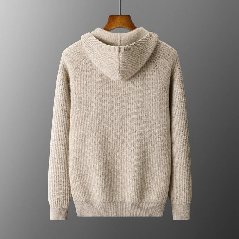 Merino Wool Ribbed Knit Zip Hoodie for Men | Autumn and Winter Layering