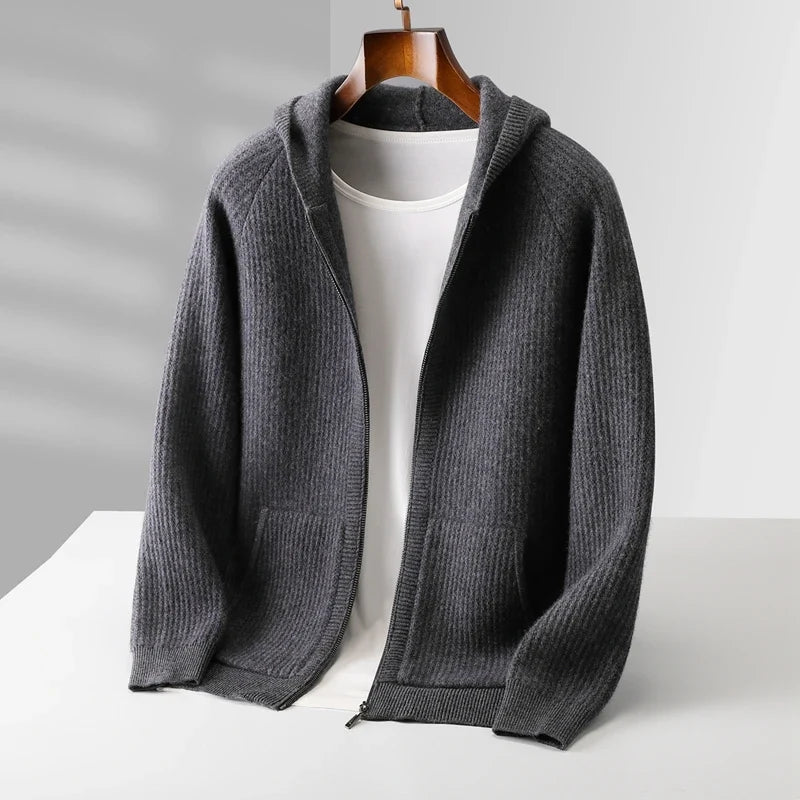 Merino Wool Ribbed Knit Zip Hoodie for Men | Autumn and Winter Layering