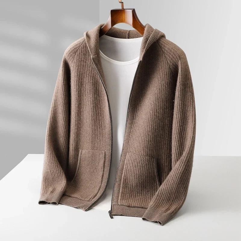 Merino Wool Ribbed Knit Zip Hoodie for Men | Autumn and Winter Layering