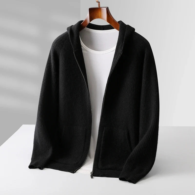 Merino Wool Ribbed Knit Zip Hoodie for Men | Autumn and Winter Layering