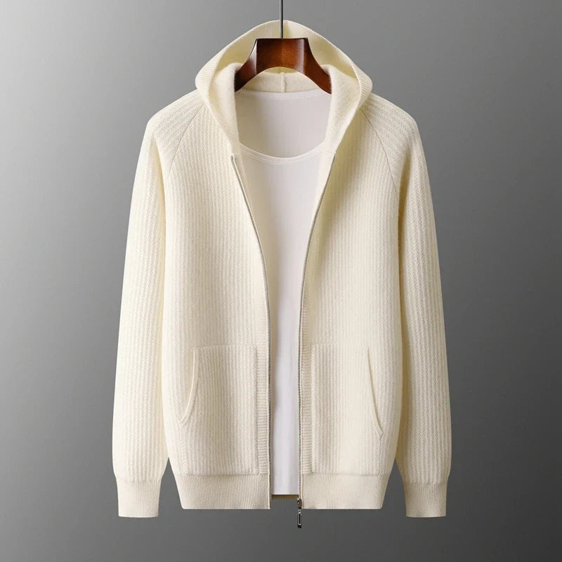 Merino Wool Ribbed Knit Zip Hoodie for Men | Autumn and Winter Layering