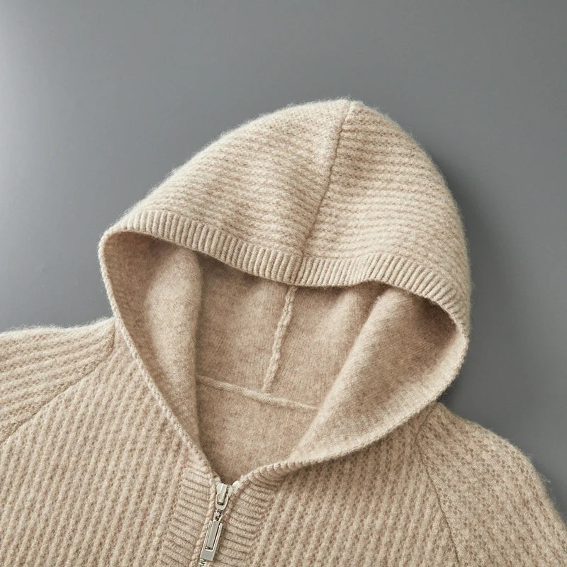 Merino Wool Ribbed Knit Zip Hoodie for Men | Autumn and Winter Layering