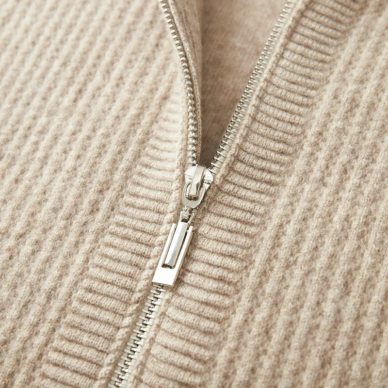 Merino Wool Ribbed Knit Zip Hoodie for Men | Autumn and Winter Layering