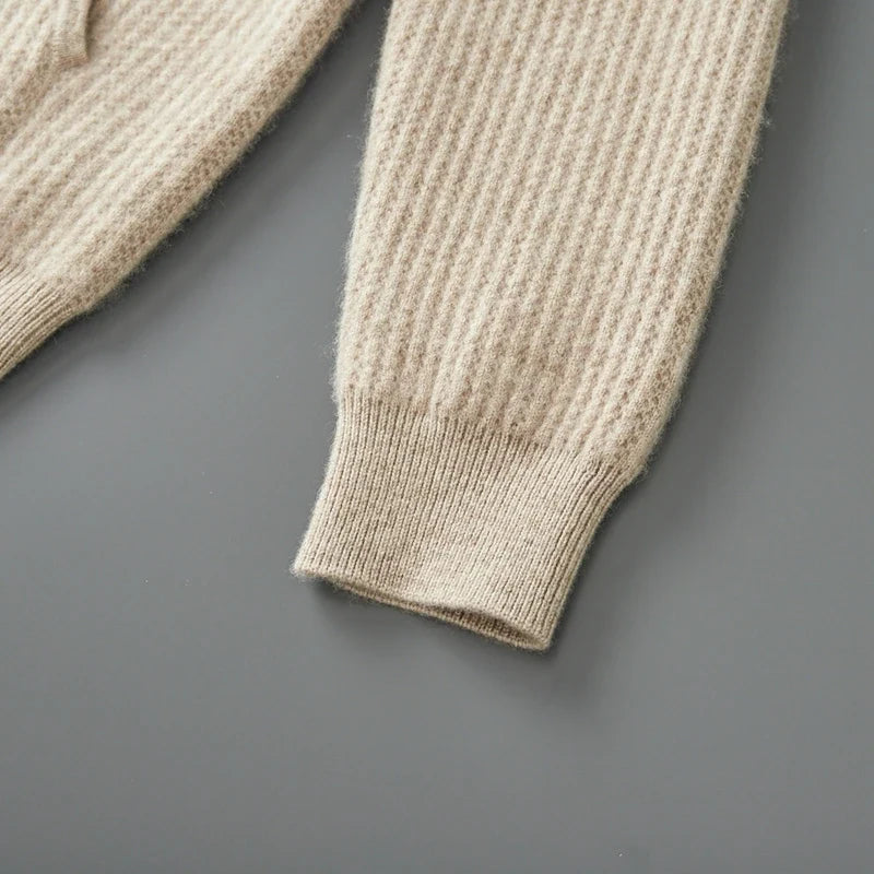 Merino Wool Ribbed Knit Zip Hoodie for Men | Autumn and Winter Layering