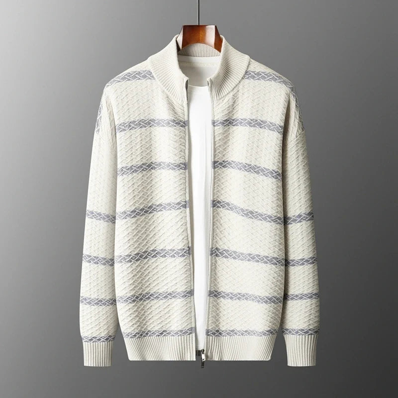 Striped Merino Wool Half High Collar Zip Cardigan for Men | Winter Layering