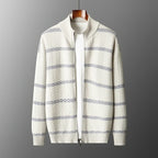 Striped Merino Wool Half High Collar Zip Cardigan for Men | Winter Layering