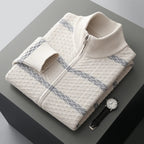 Striped Merino Wool Half High Collar Zip Cardigan for Men | Winter Layering
