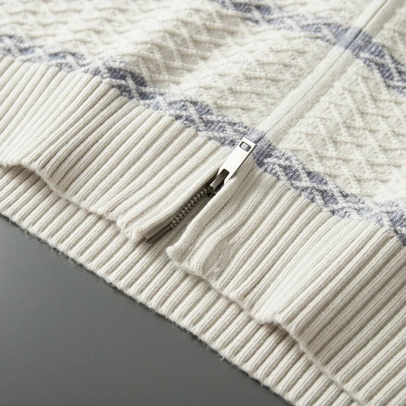 Striped Merino Wool Half High Collar Zip Cardigan for Men | Winter Layering